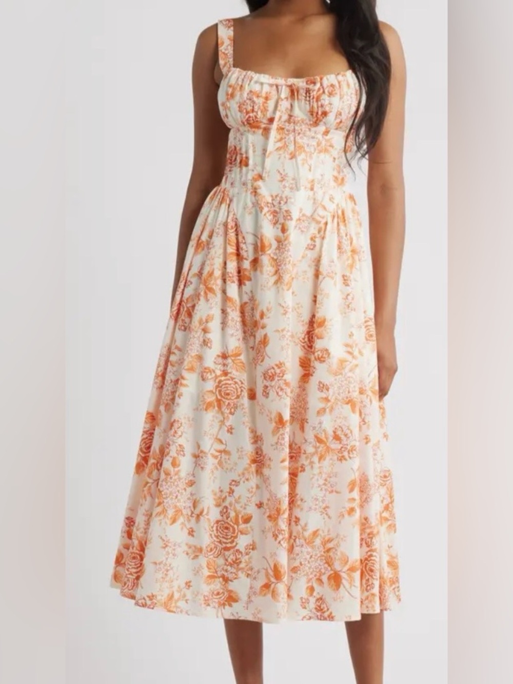 Floral Tie-Front Midi Dress in Orange and White MOON RIVER